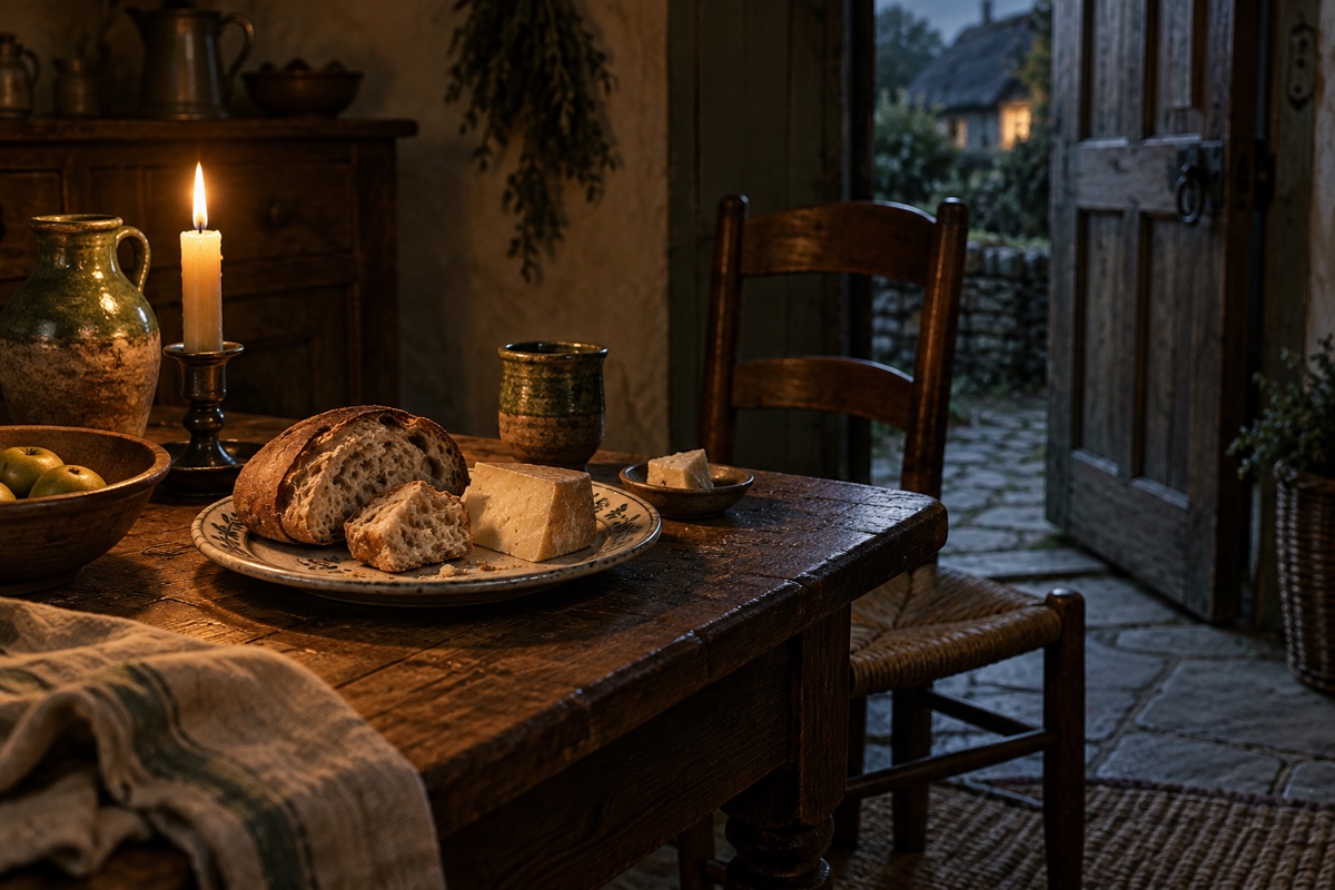 Illustration contemporaine : Pain et fromage sur une table de cuisine anglaise modeste, près d’une chaise repoussée.