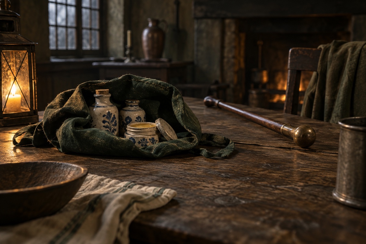 Illustration contemporaine : Pots de faïence et paquet ouvert sur une table, dans une auberge vide.