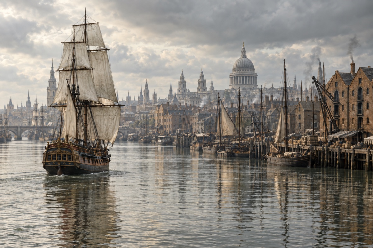 Illustration contemporaine : Un voilier approche d’un quai londonien sur la Tamise en 1721, entrepôts et mâts sous un ciel gris, sans personnages ni scène de crime.