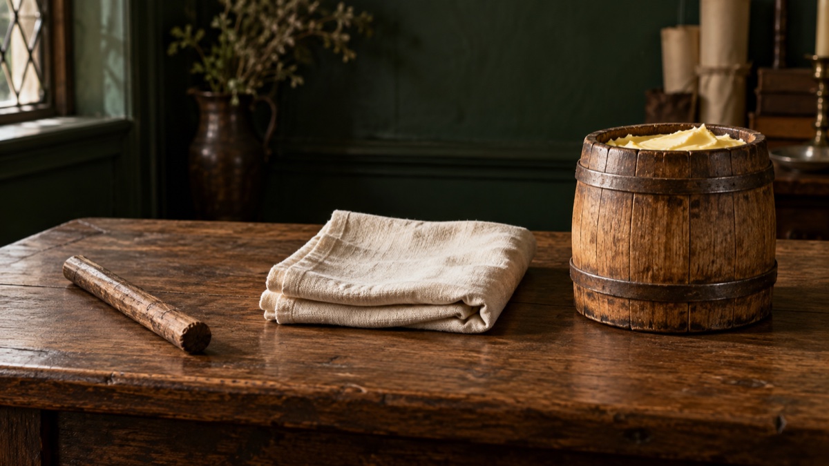 Illustration contemporaine : Un bâton de bois, un linge plié et un petit tonnelet de beurre sur une table ancienne.