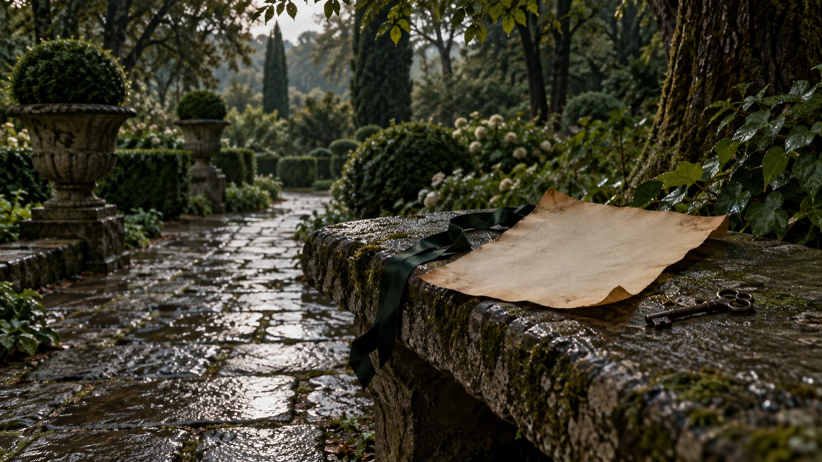 Illustration contemporaine : Une feuille ancienne vierge et une clé posées dans un jardin ombragé.