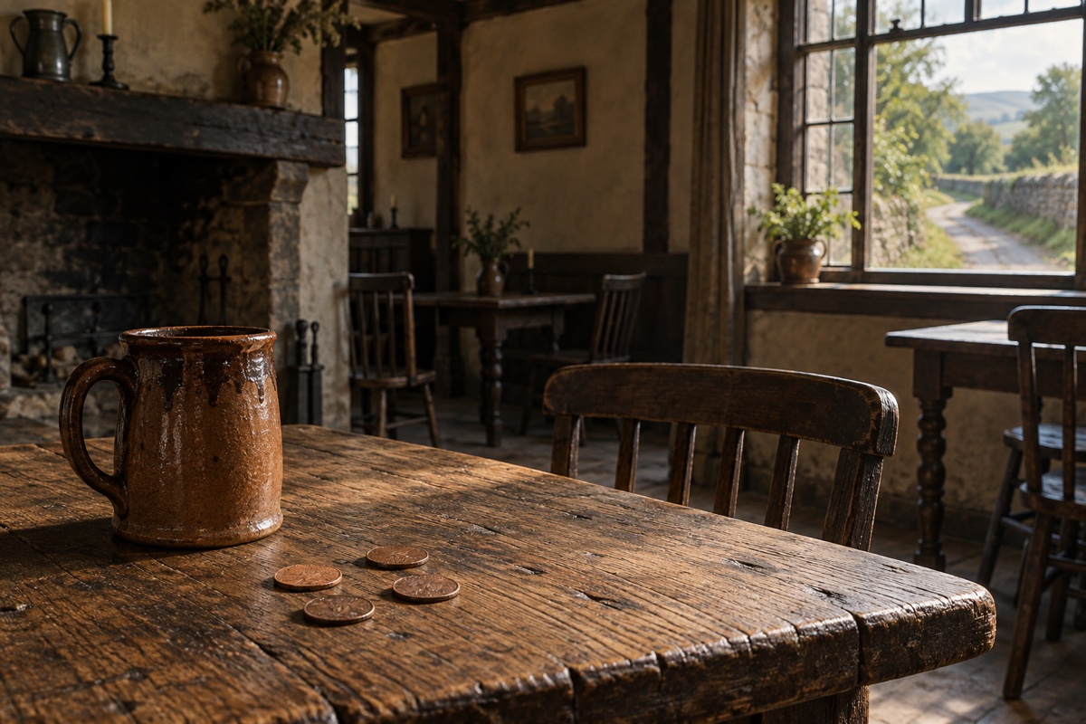 Illustration contemporaine : Quatre petites pièces de cuivre posées sur une table d’auberge vide au début du XVIIIe siècle.