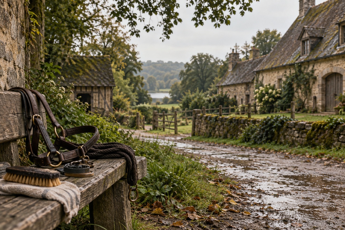 Illustration contemporaine : Métairie normande et objets de soin des chevaux dans un paysage calme, sans scène d’enquête.