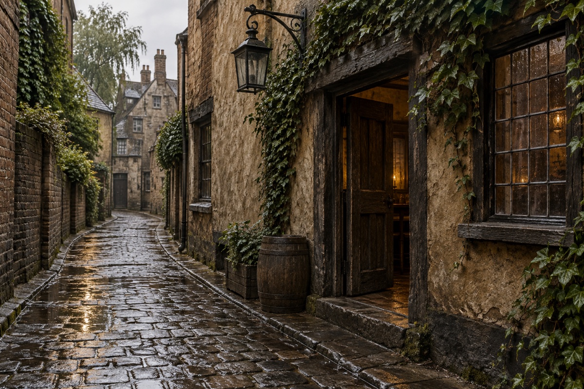 Illustration contemporaine : Ruelle pavée de Drury Lane après la pluie, devant une taverne anonyme.