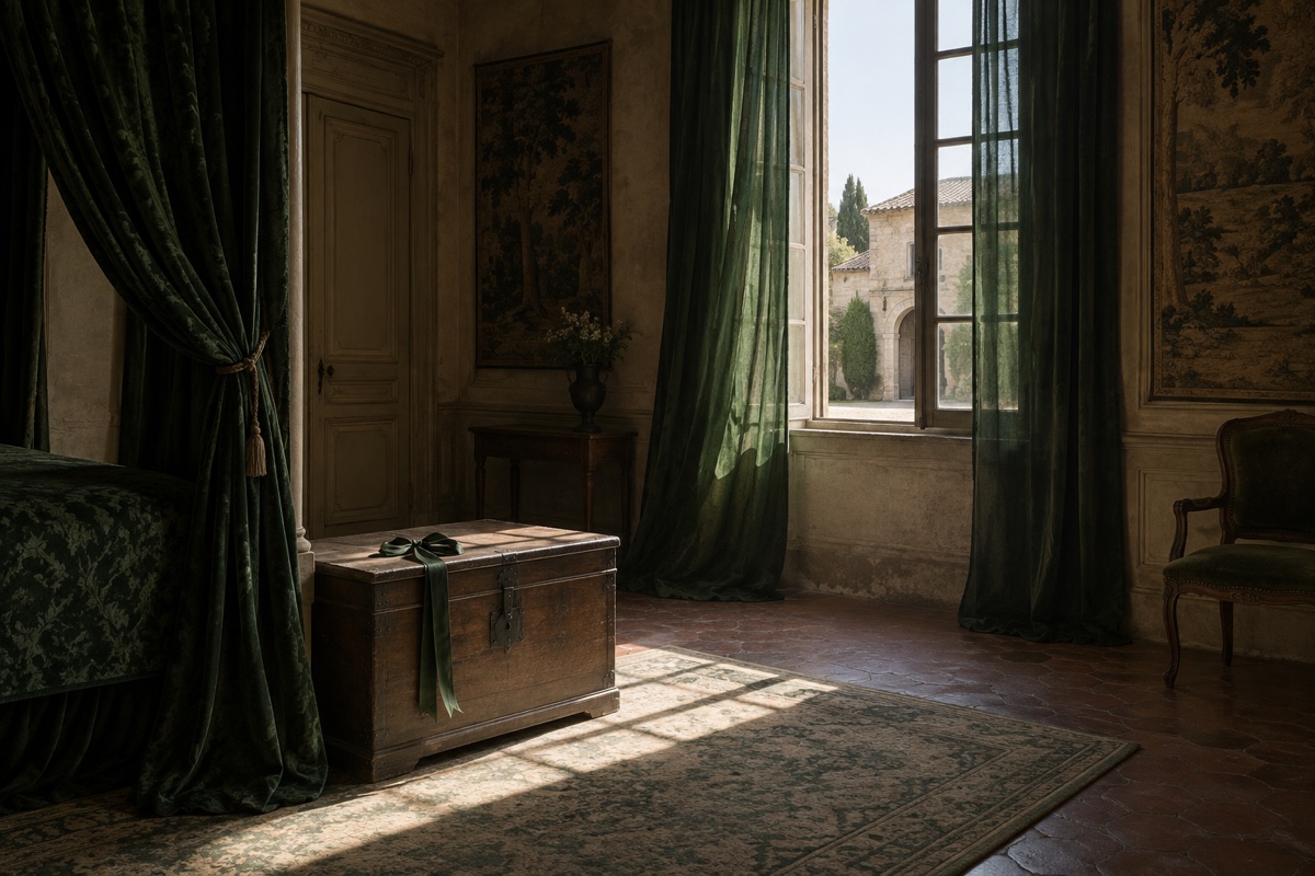 Illustration contemporaine : Fenêtre haute d’une chambre provençale vide du XVIIe siècle, rideau vert et ruban de taffetas sur un coffre.
