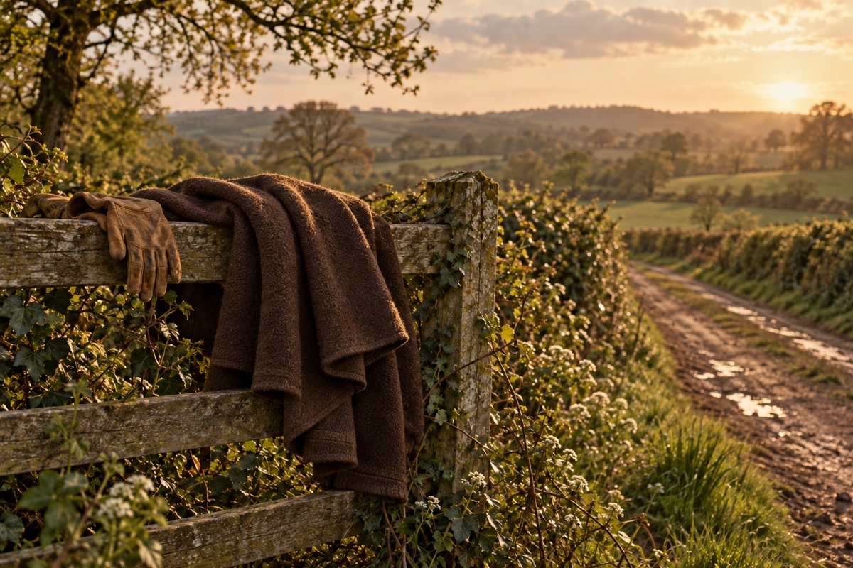 Illustration contemporaine : Un manteau de voyage en laine et un gant posés sur une barrière au bord d’un chemin anglais.