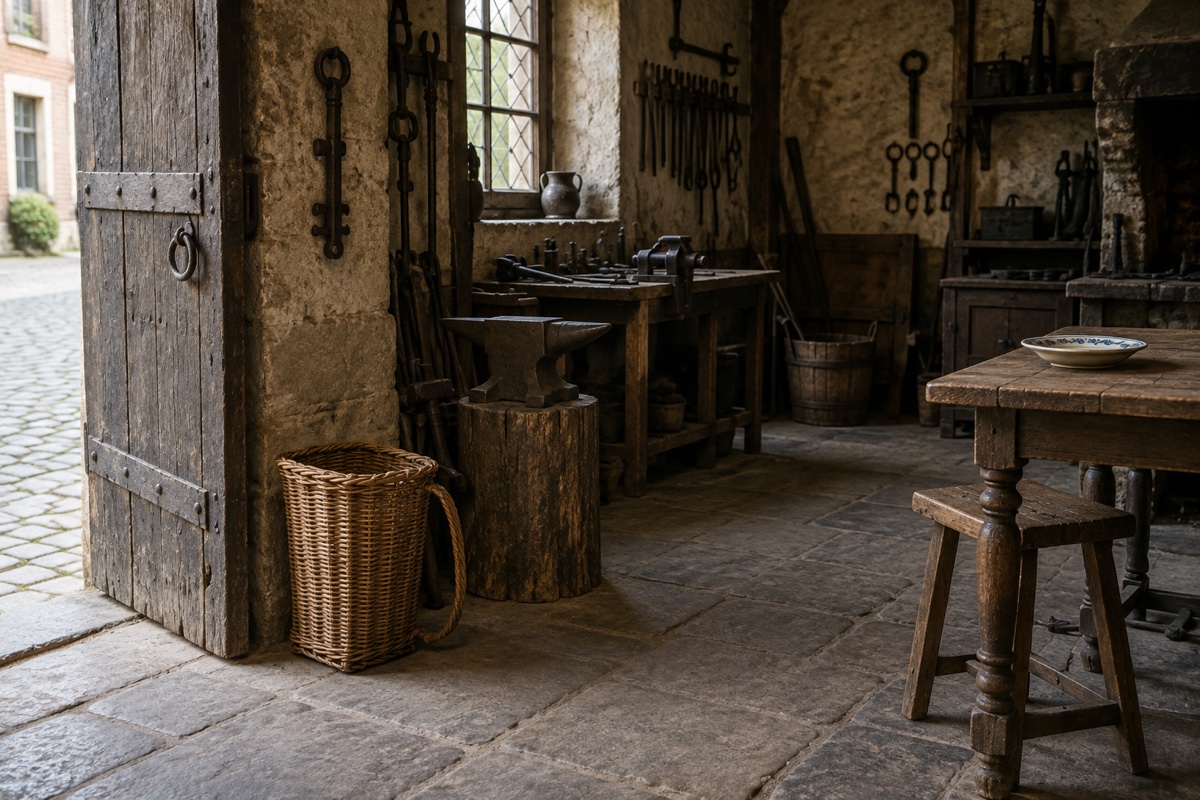 Illustration contemporaine : Hotte d’osier près d’un atelier de serrurier parisien du début du XVIIe siècle, avec une table familiale vide en arrière-plan.