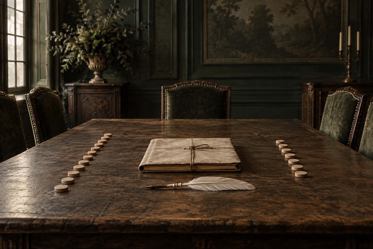 Illustration contemporaine : Deux groupes de jetons sur une table de commission du XVIIe siècle, autour d’un dossier fermé; évocation symbolique du vote.