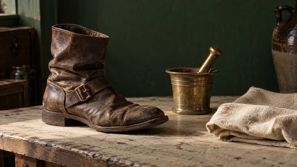 Illustration contemporaine : Une botte ancienne, un petit pilon de laiton et un morceau de toile sur une table.