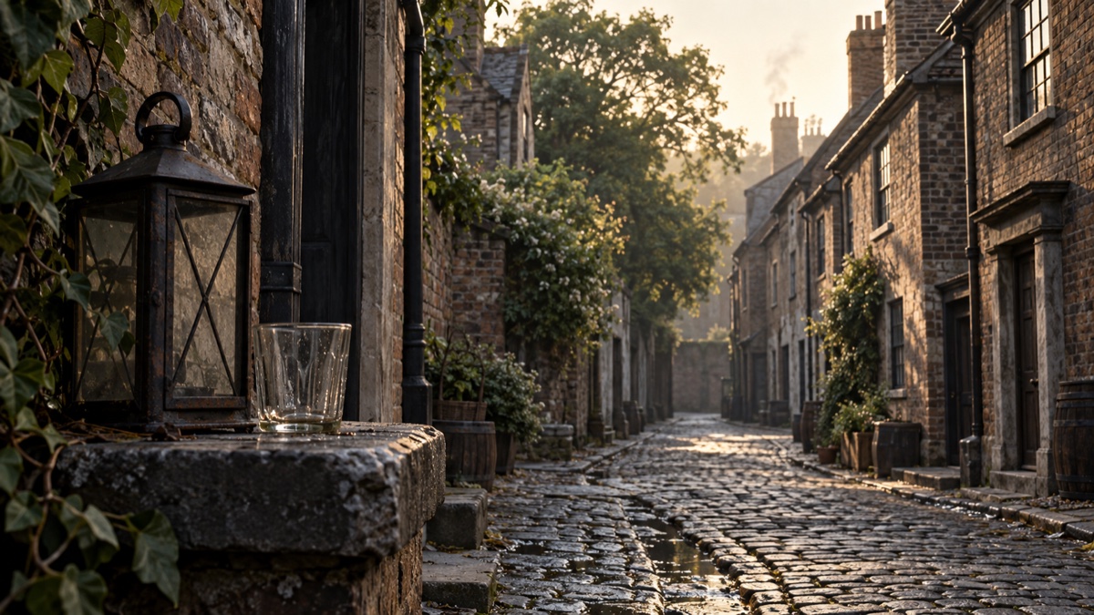 Illustration contemporaine : Une lanterne ancienne et un verre vide dans une ruelle londonienne pavée.