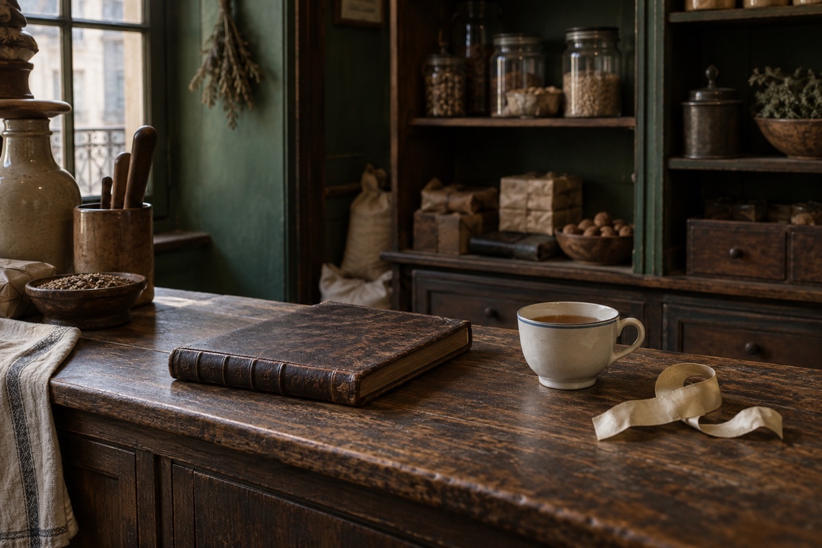 Illustration contemporaine : Registre fermé et tasse de thé sur un comptoir d’épicerie ancien.