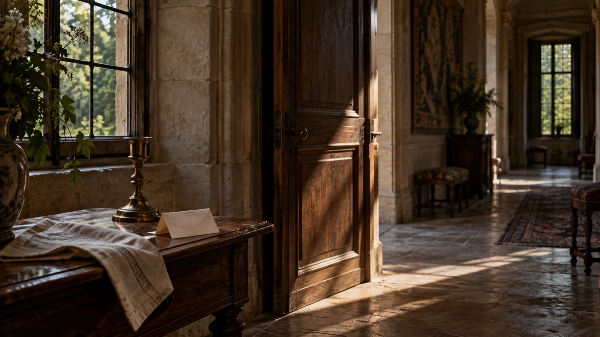 Illustration contemporaine : Un billet vierge et un bougeoir sur une table dans un corridor ancien.