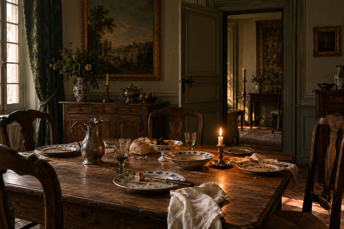 Illustration contemporaine : Table de repas à la bougie dans une maison toulousaine ancienne, porte intérieure en arrière-plan.