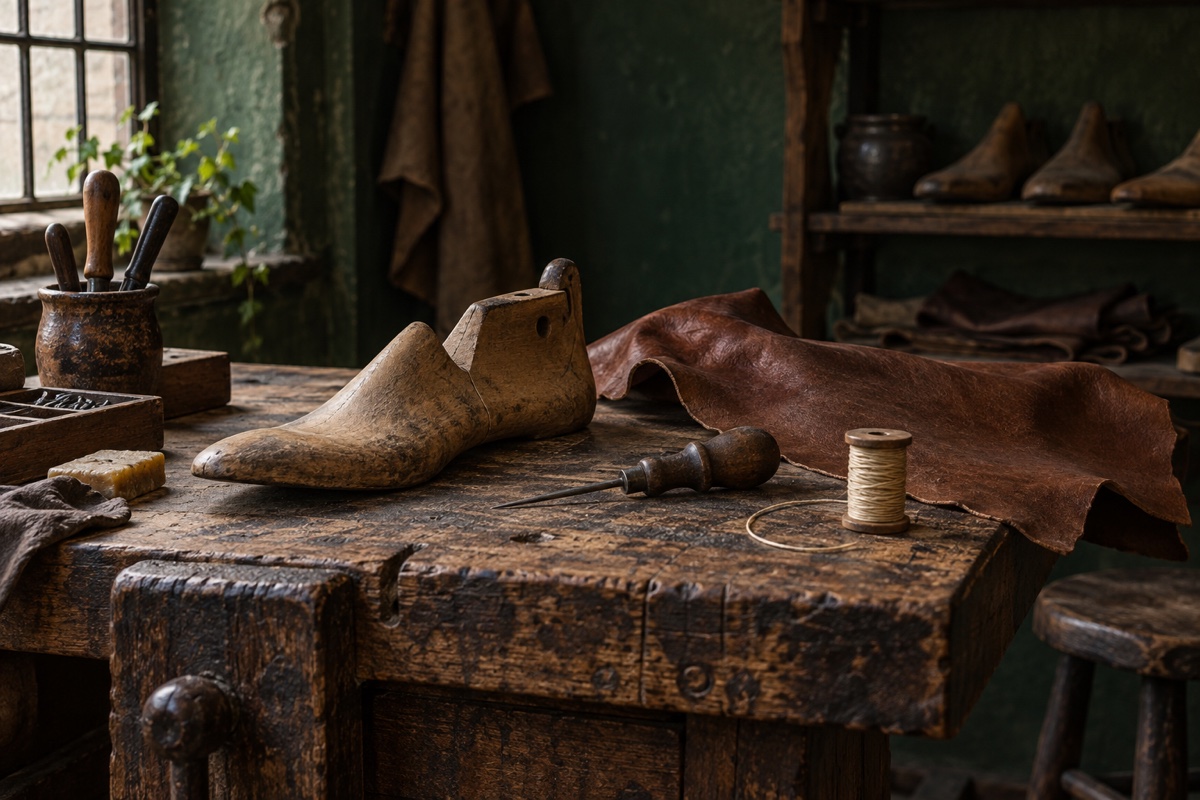 Illustration contemporaine : Forme de chaussure en bois et outils de cordonnier sur un établi ancien.
