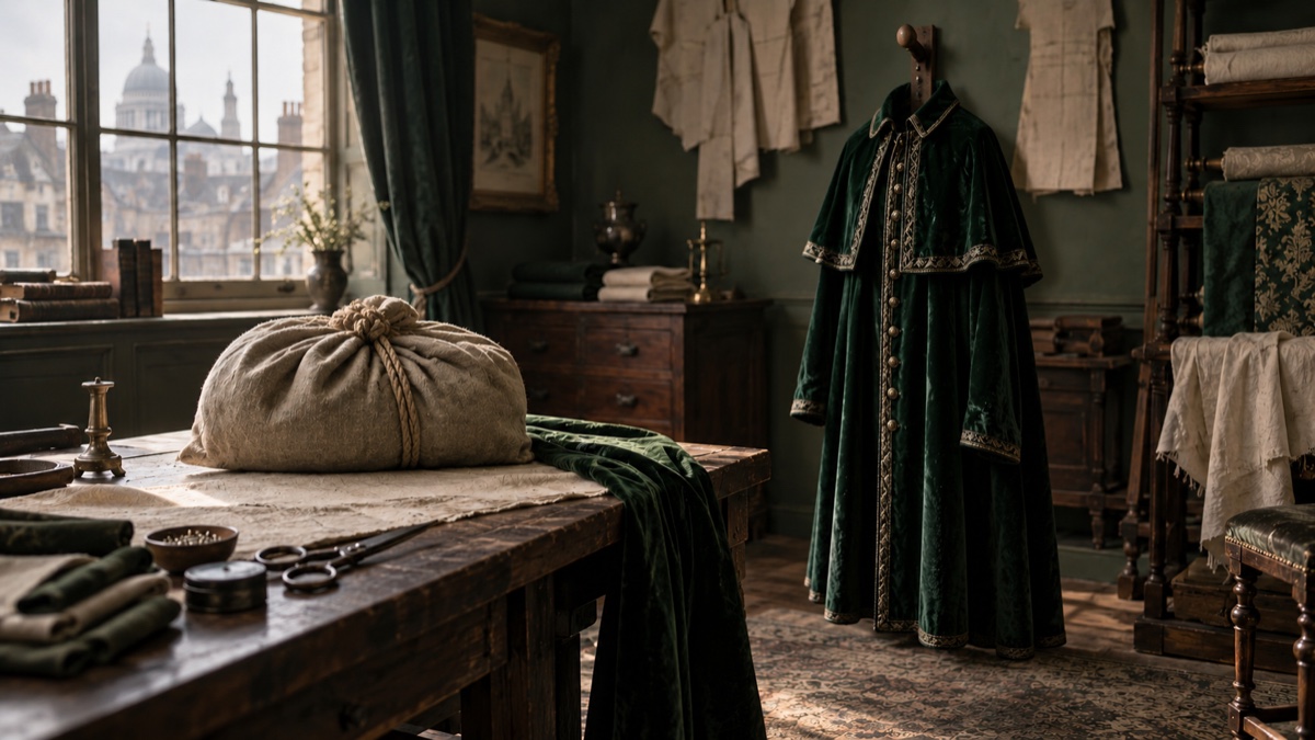 Illustration contemporaine : Un paquet fermé et un manteau ancien à cape de velours dans un atelier de couture.