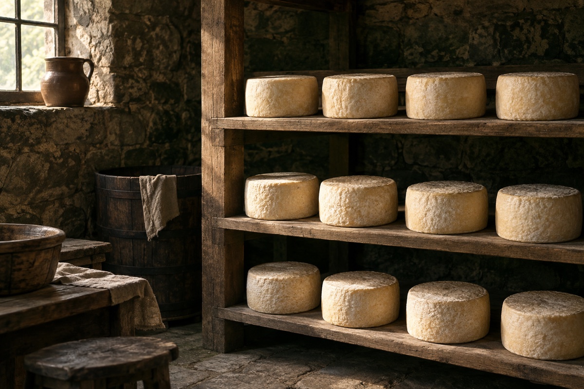 Illustration contemporaine : Fromages ronds alignés sur des planches dans une arrière-boutique ancienne.