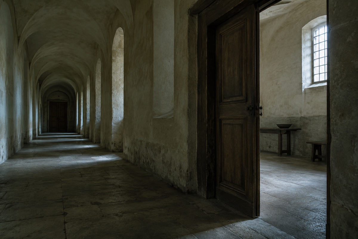 Illustration contemporaine : Couloir ancien et porte entrouverte, évocation non littérale du procès de Loudun.