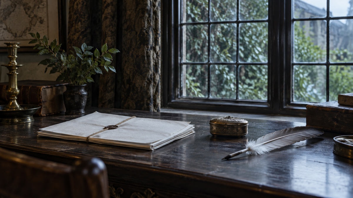 Illustration contemporaine : Un paquet de papier blanc et une tabatière sur un bureau ancien près d’une fenêtre.