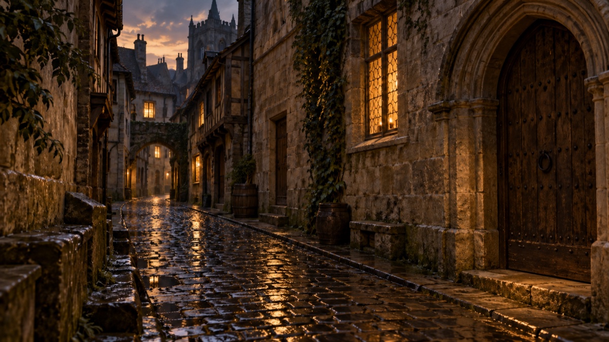 Illustration contemporaine : Rue pavée médiévale vide au crépuscule, évocation prudente de la rue Barbette.