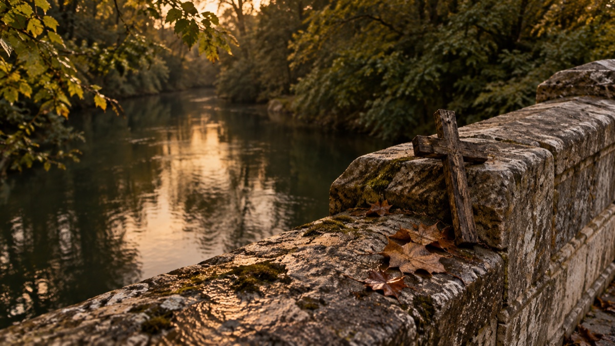 Illustration contemporaine : Petite croix de bois sur un parapet de pierre près d’une rivière.