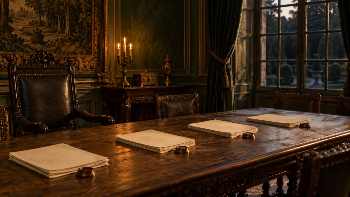 Illustration contemporaine : Quatre liasses de papiers vierges et des sceaux de cire sur une table dans une salle ancienne.
