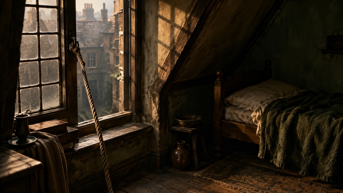 Illustration contemporaine : Corde ancienne près d’une fenêtre à petits carreaux dans une chambre mansardée vide.