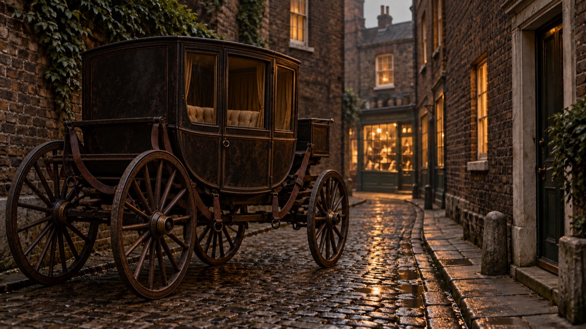 Illustration contemporaine : Carrosse vide dans une ruelle londonienne ancienne éclairée par les fenêtres.