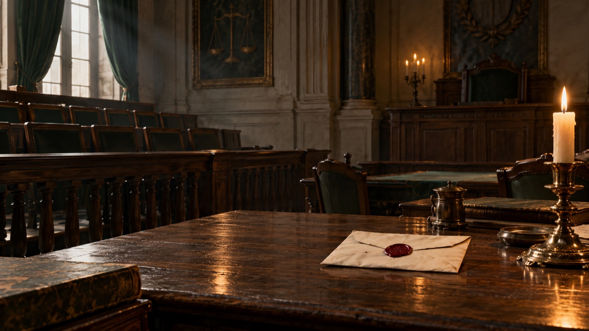 Illustration contemporaine : Lettre scellée près d’un chandelier sur une table de tribunal vide du XVIIIe siècle.