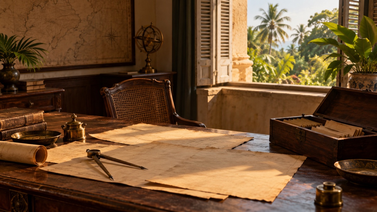 Illustration contemporaine : Un compas de cartographe et des cartes vierges sur un bureau ouvert sur une végétation tropicale.