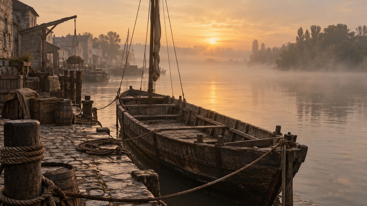 Illustration contemporaine : Gabare vide sur la Loire à Nantes, dans une évocation historique sobre de la chronique sur Carrier.