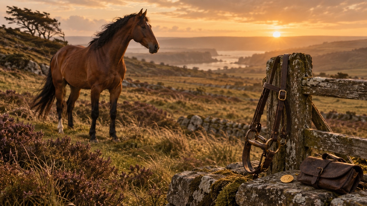 Illustration contemporaine : Cheval bai sur une lande, bridon posé sur une barrière de bois et pièce dorée près d’une sacoche sur une pierre.