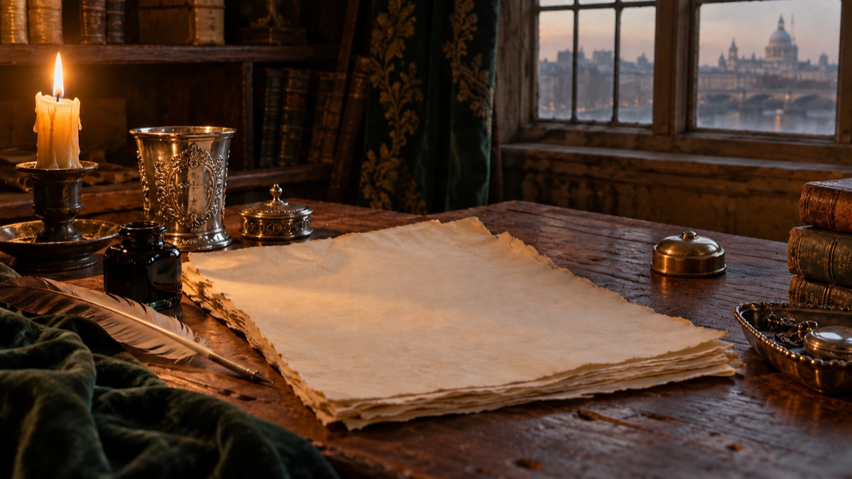 Illustration contemporaine : Papier ancien, plume et argenterie sur un bureau, évocation de l’affaire des billets de Frederick Schmidt.