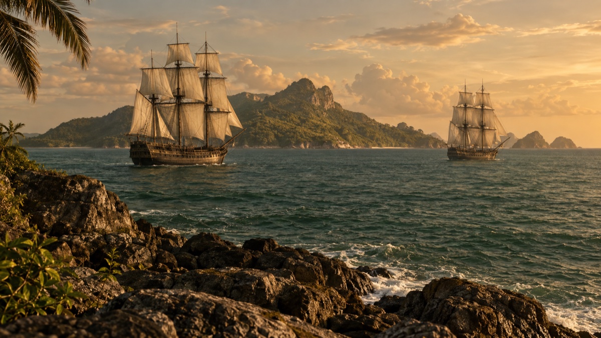 Illustration contemporaine : Voiliers du début du XVIIIe siècle au large des Caraïbes, évocation de la route du Perry sans représenter l’abordage.