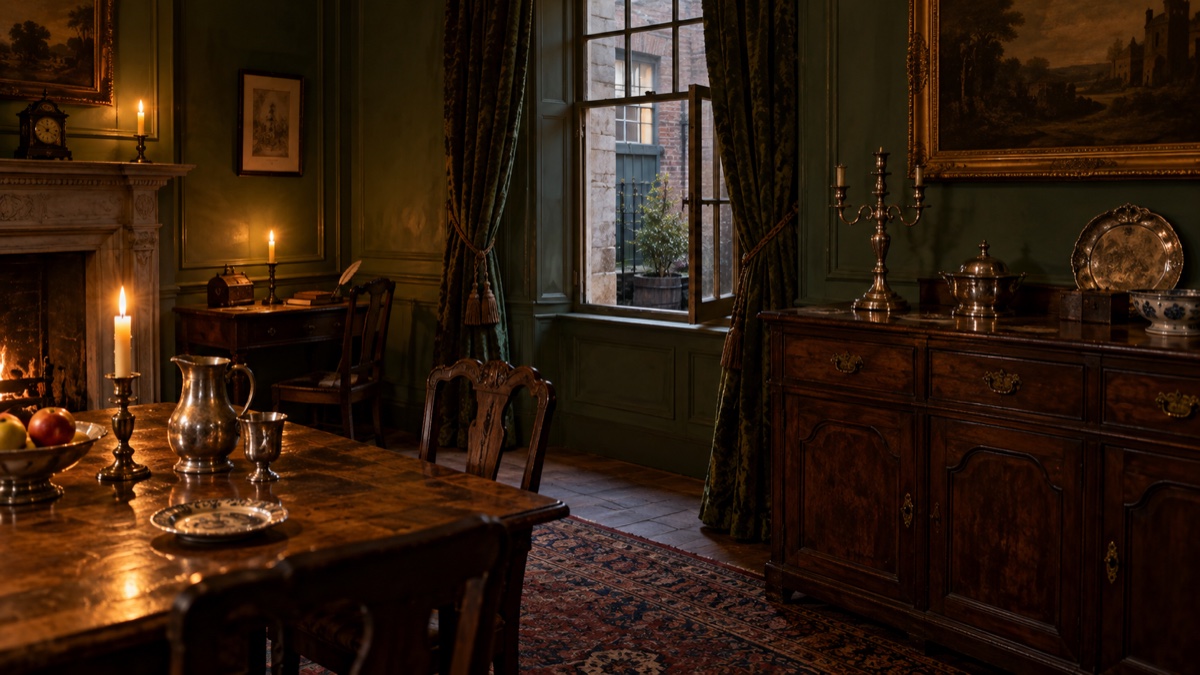 Illustration contemporaine : Fenêtre entrouverte et buffet d’argenterie dans une maison londonienne du XVIIIe siècle, évocation du cambriolage chez Fenwick.
