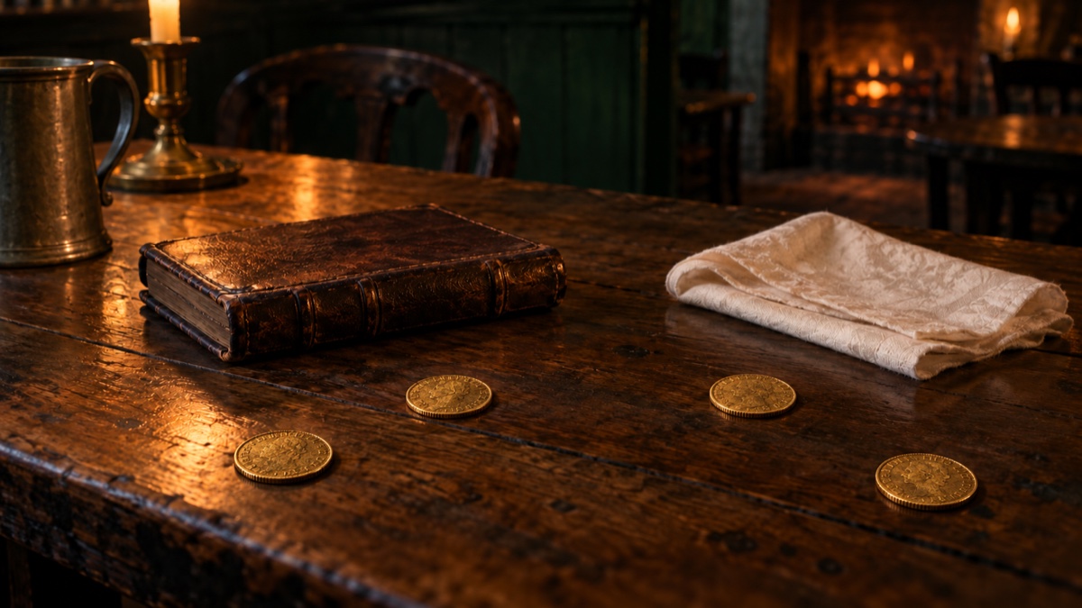 Illustration contemporaine : Carnet de cuir fermé, mouchoir de soie et quatre pièces d’or sur une table ancienne.