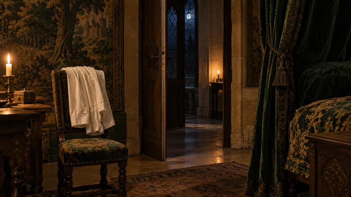 Illustration contemporaine : Chemise de lin sur le dossier d’une chaise dans une chambre de palais vide, porte entrouverte dans la pénombre.