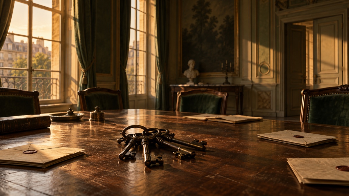 Illustration contemporaine : Trousseau de grandes clefs anciennes posé sur une table dans une salle civique vide.