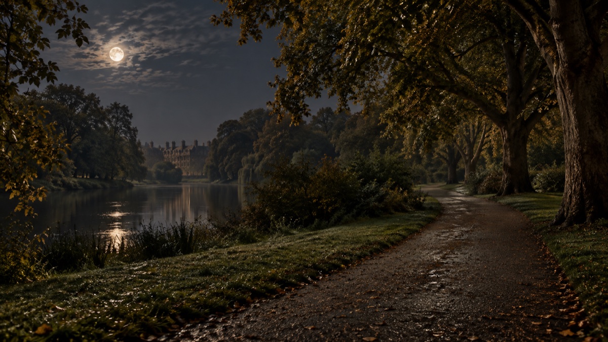 Illustration contemporaine : Allée nocturne vide dans un parc londonien ancien, sous les arbres.