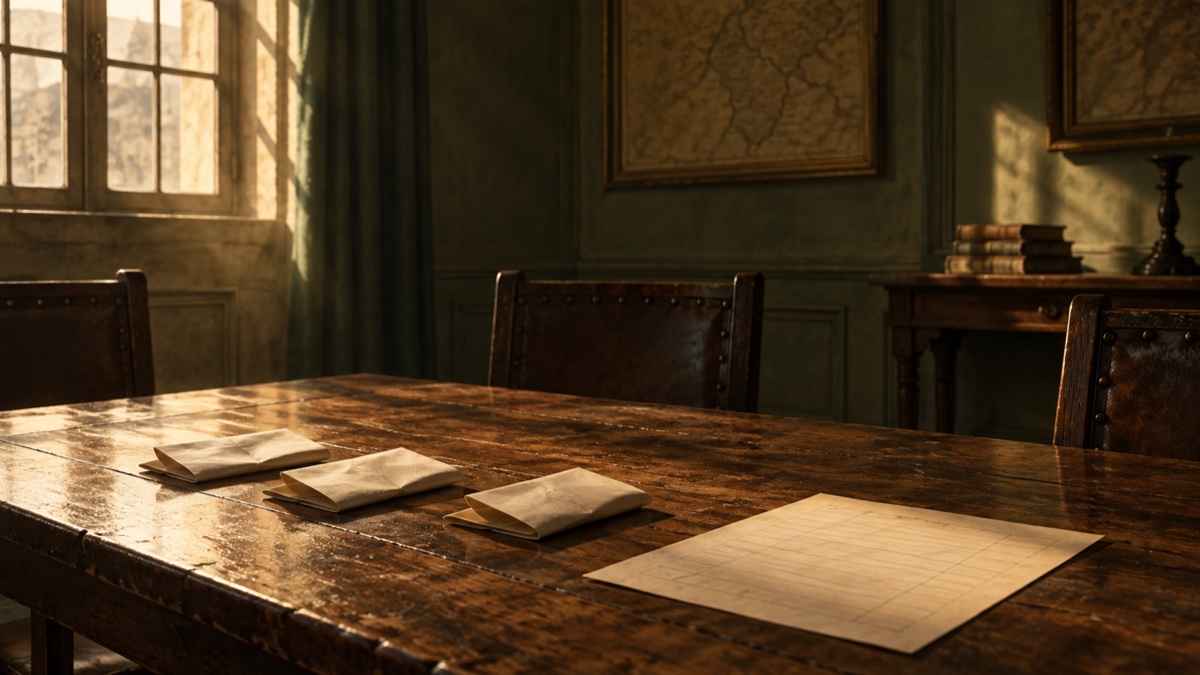 Illustration contemporaine : Table vide dans une salle municipale ancienne, avec trois papiers pliés et une liste vierge.
