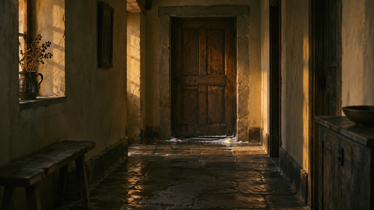 Illustration contemporaine : Porte de chambre fermée au bout d’un couloir ancien, avec un peu de neige fondue près du seuil.