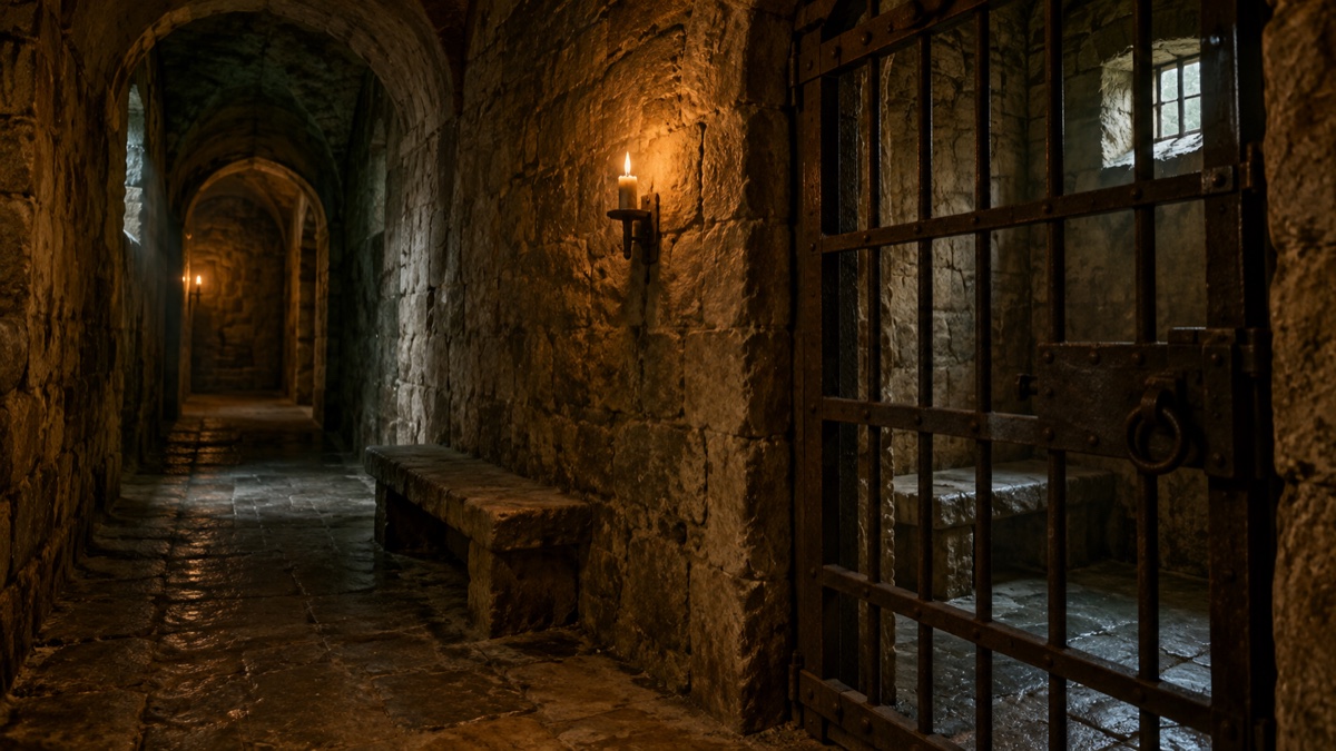 Illustration contemporaine : Porte de cellule médiévale dans une forteresse générique, évocation prudente de la captivité du duc de Nemours.