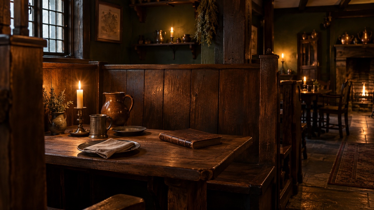 Illustration contemporaine : Table et banquette vides dans une auberge londonienne ancienne, évocation du cadre de l’affaire James Cluff.