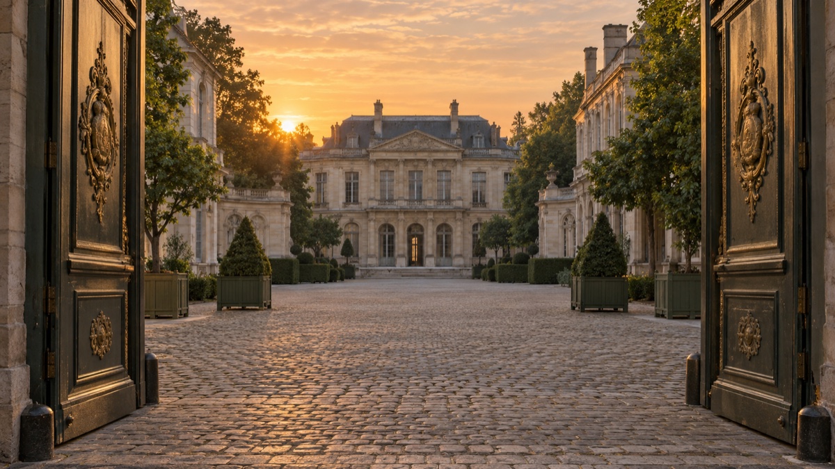 Illustration contemporaine : Portes ouvertes d’un palais parisien à l’aube, évocation des Tuileries sans représenter les combats du 10 août.