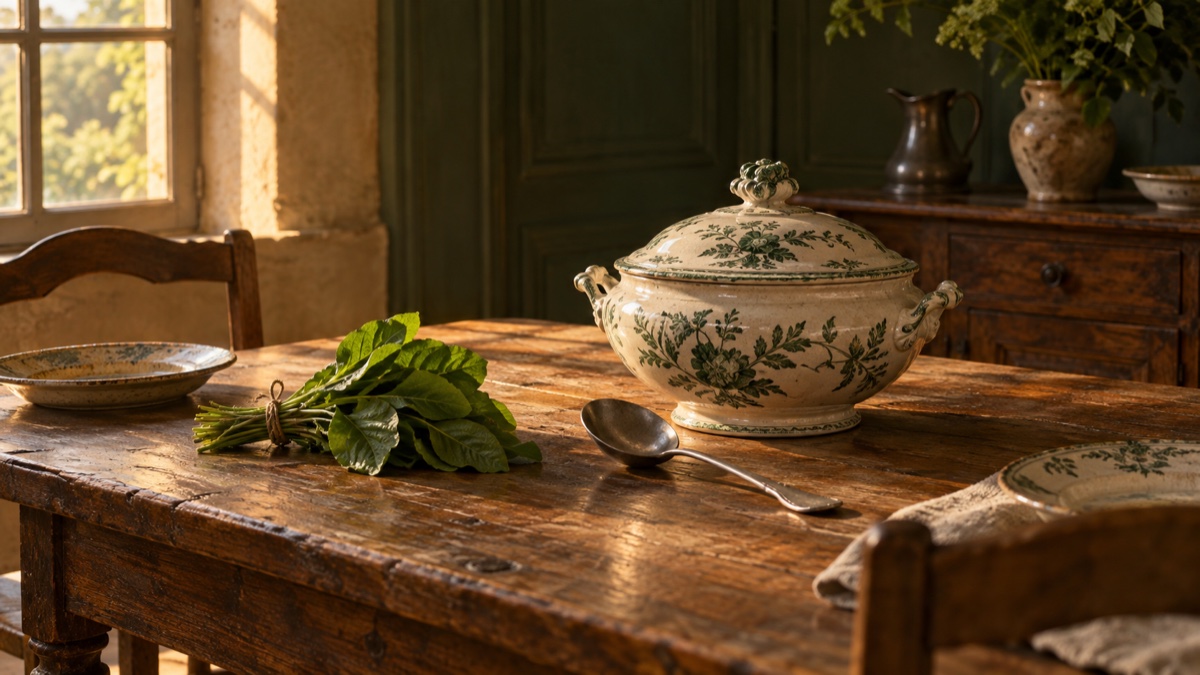 Illustration contemporaine : Soupière de faïence et cuillère en étain sur une table du XVIIIe siècle, bouquet d’oseille à l’écart.