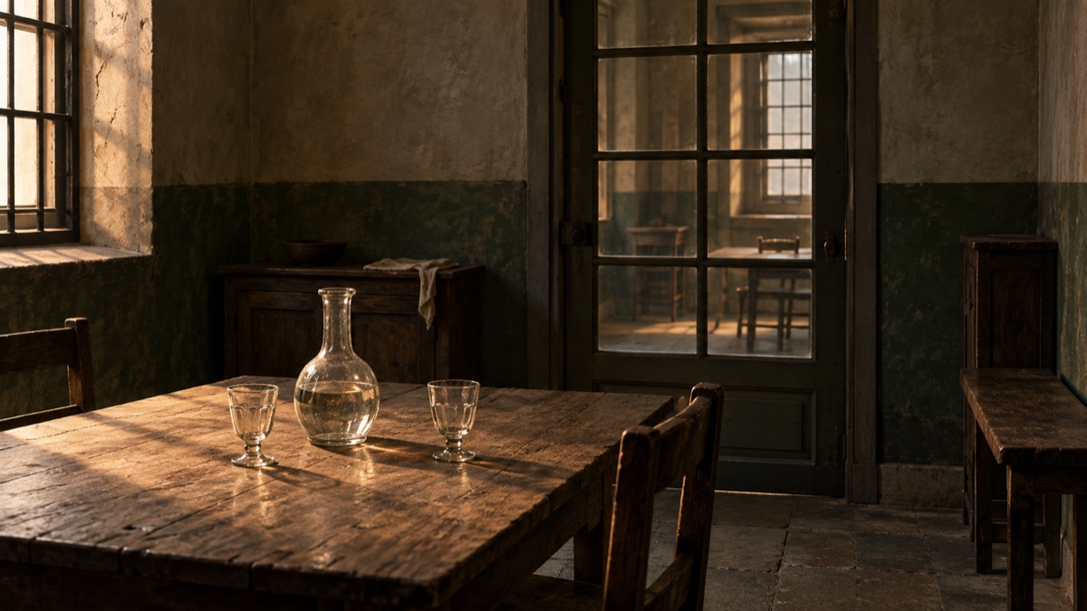 Illustration contemporaine : Porte intérieure vitrée fermée entre deux pièces, avec une carafe d’eau sur une table ancienne.