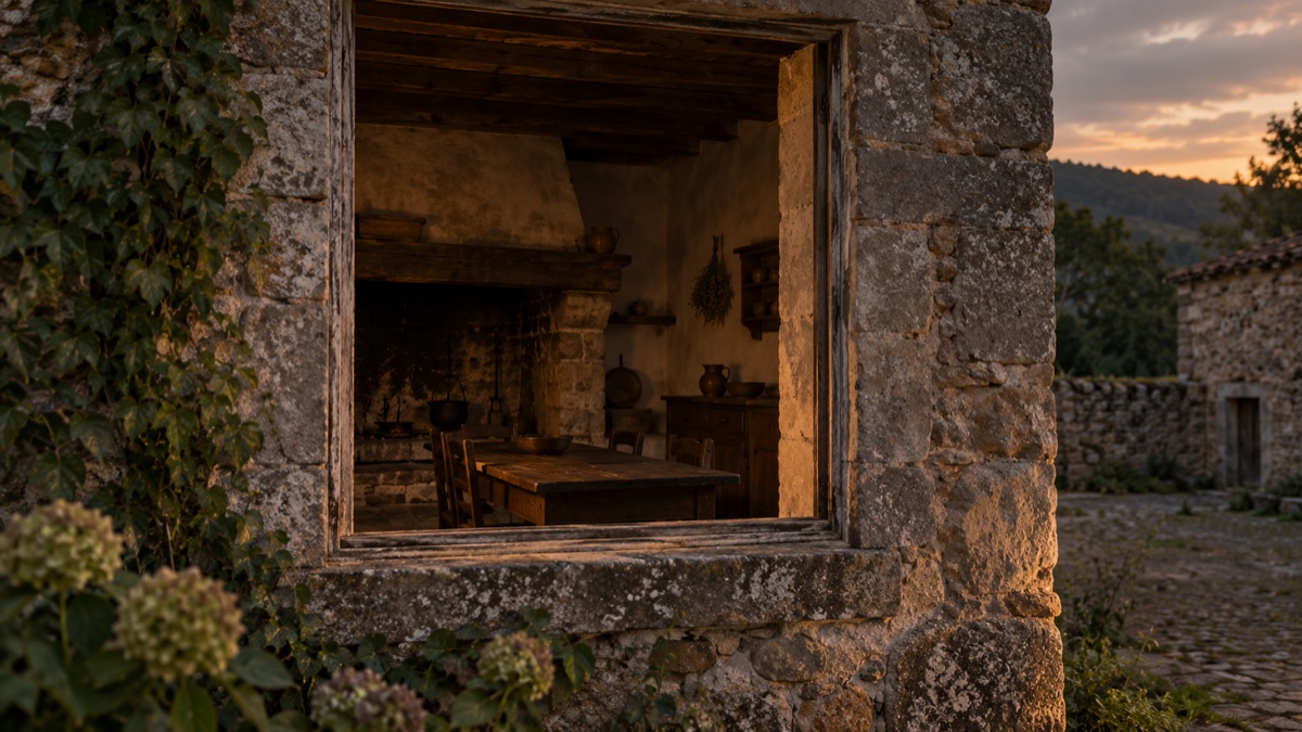 Illustration contemporaine : Fenêtre de cuisine en pierre donnant sur une pièce rurale vide au crépuscule.