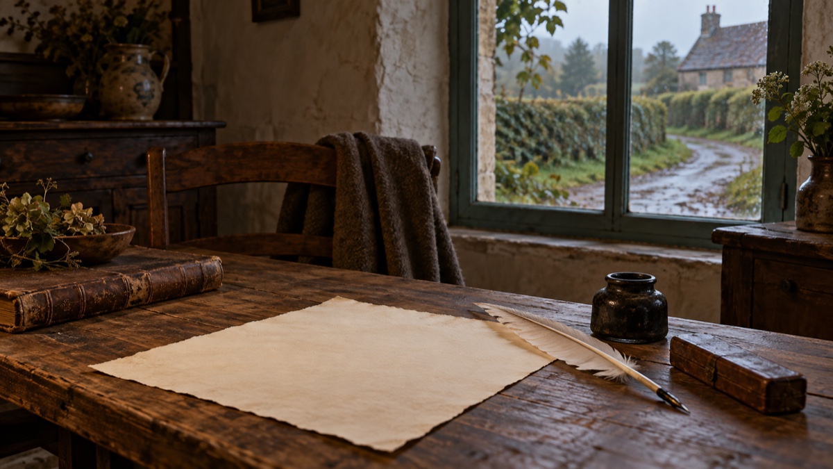 Illustration contemporaine : Feuille vierge et plume d’oie sur une table de bois près d’une fenêtre rurale.