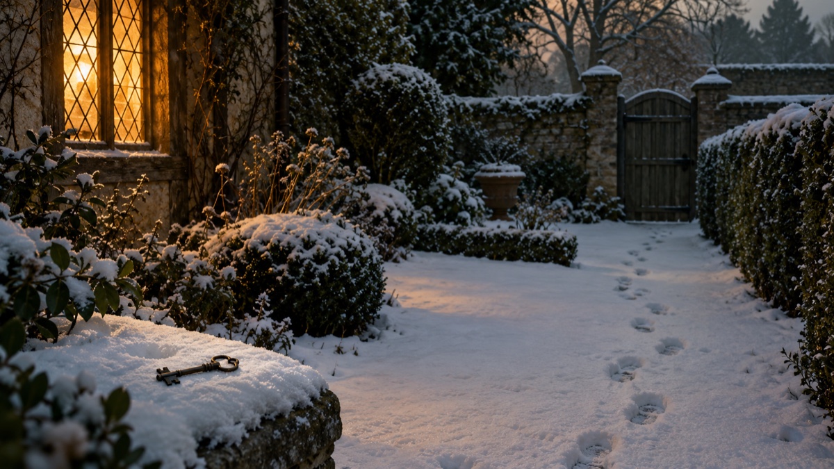 Illustration contemporaine : Empreintes dans la neige entre une porte de jardin et un mur ancien, avec une clef au premier plan.