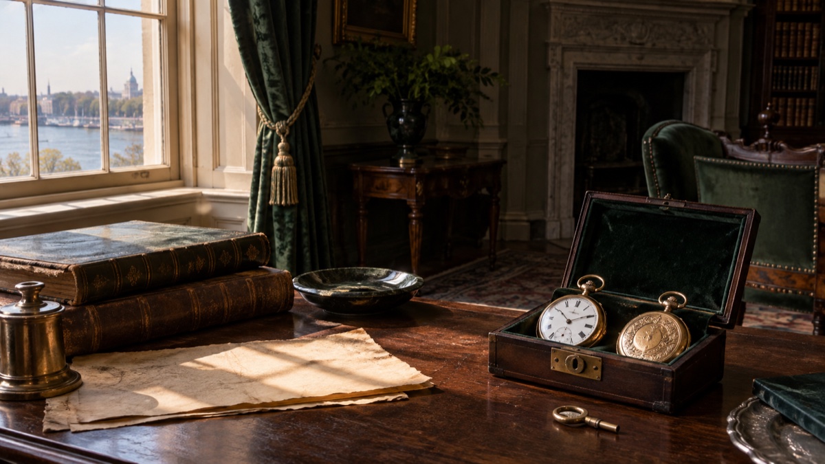 Illustration contemporaine : Coffret ouvert et deux montres de poche anciennes, évocation des objets retrouvés dans l’affaire Hussey.