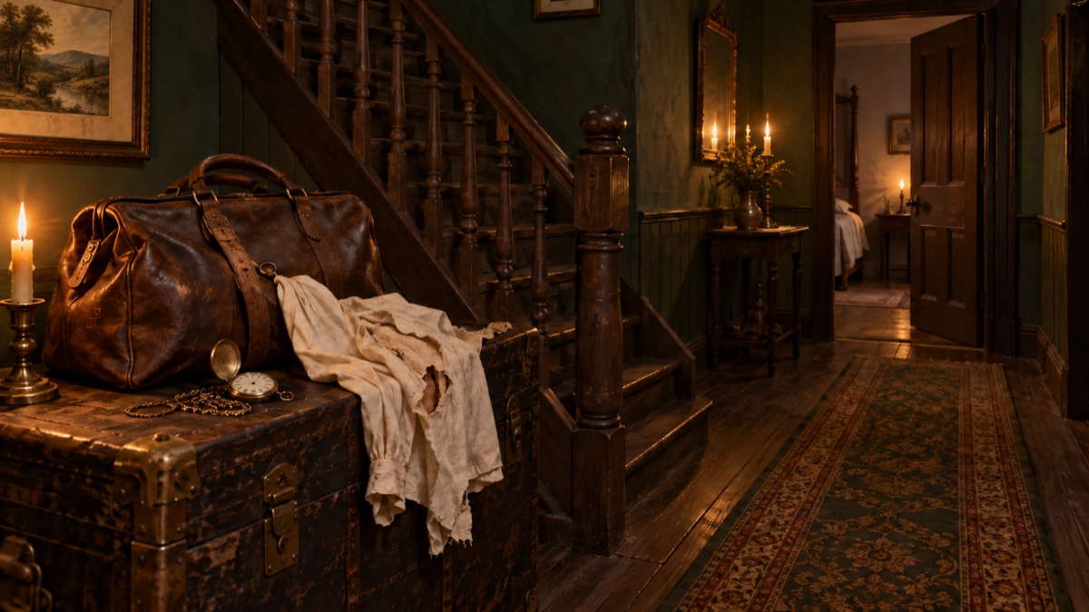 Illustration contemporaine : Sac de voyage et vêtement déchiré dans un corridor d’auberge londonienne du XIXe siècle, évocation de l’arrestation de Macnamara.